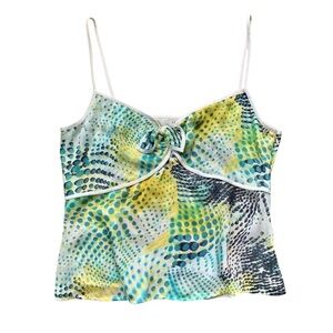 Louis Feraud Silk Abstract Dot Sleeveless Crop Top Aqua Blue White FR 44 Large